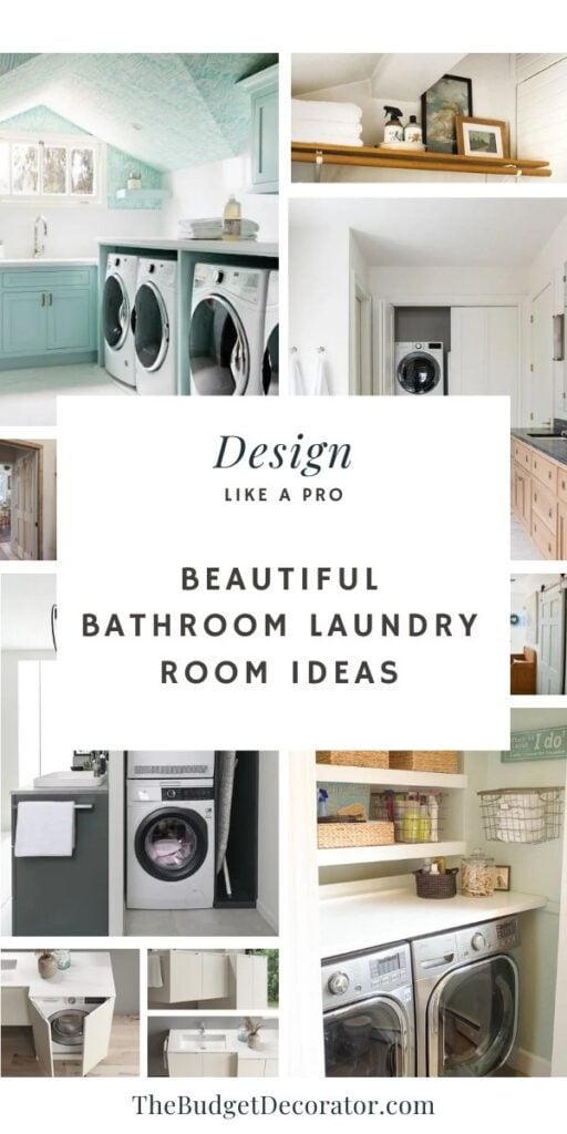 Collage of stylish bathroom laundry room designs with washers, dryers, shelving, and modern cabinetry in small spaces