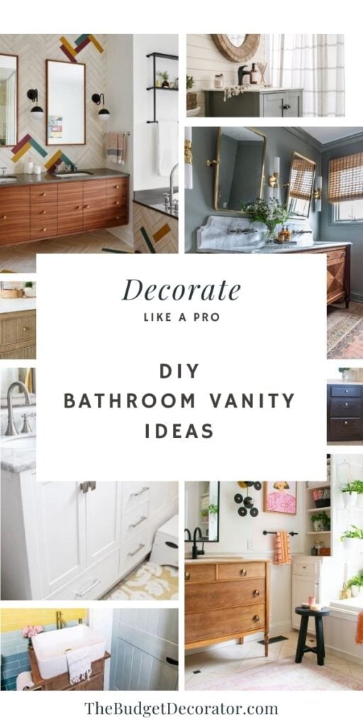 Collage of DIY bathroom vanity ideas featuring painted cabinets, wood vanities, marble tops, and budget-friendly upgrades
