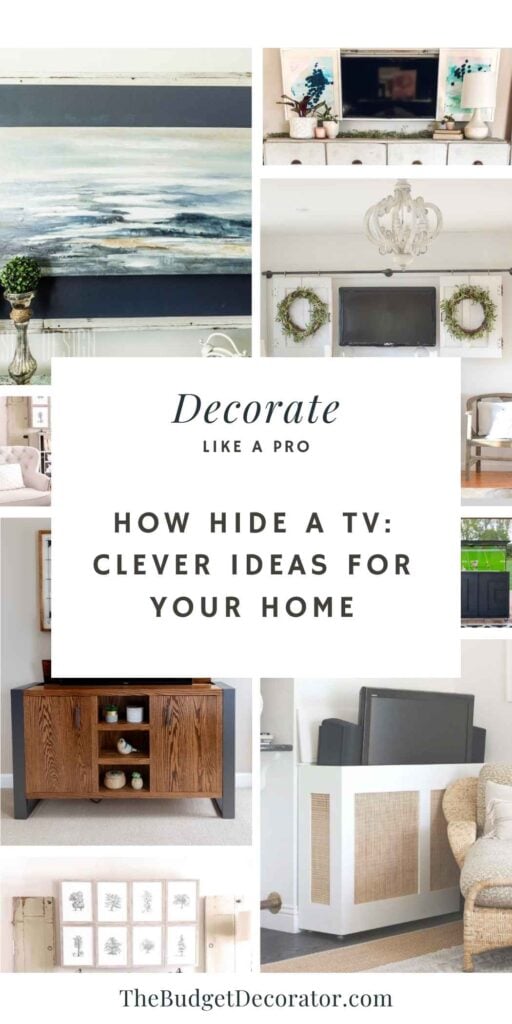 Collage of creative ways to hide a TV using cabinets, artwork, and sliding panels in stylish living rooms.