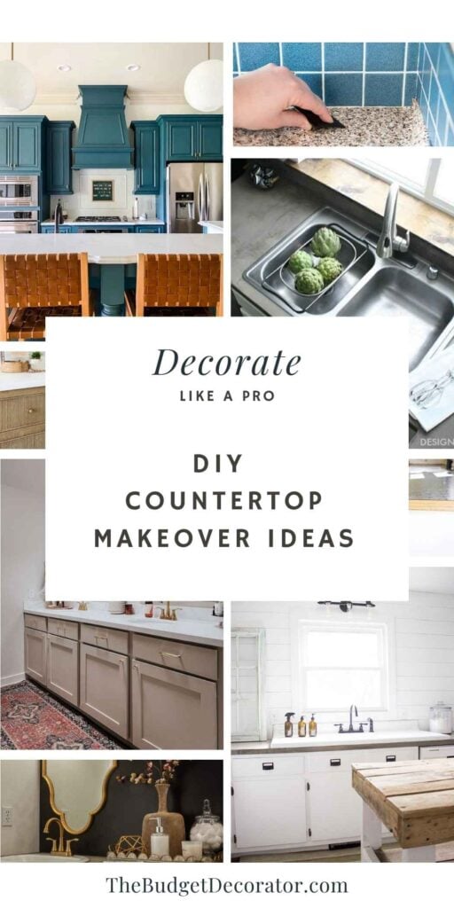 DIY countertop makeover ideas collage featuring painted, concrete, and peel-and-stick countertops in kitchens and bathrooms