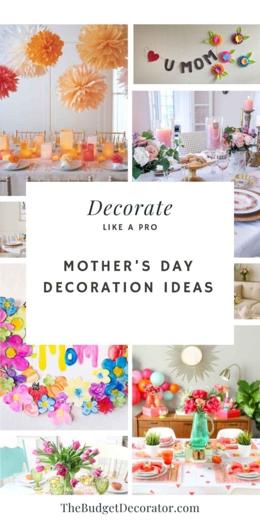 Mother’s Day decoration ideas collage with table settings, floral centerpieces, balloons, and DIY wall decor.