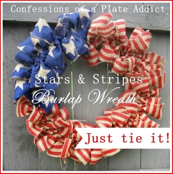 Stars and stripes burlap wreath with red striped burlap and blue star ribbon accents