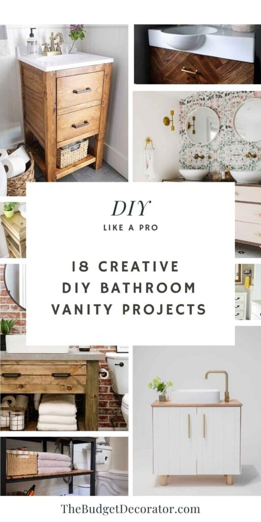 Cover image of DIY bathroom vanity ideas featuring rustic wood vanities, floating vanities, dresser conversions, and custom bathroom storage solutions.