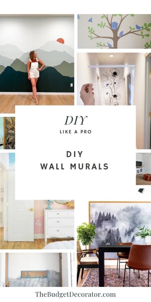 Collage of easy DIY wall mural ideas featuring painted mountain landscapes, whimsical kids' murals, floral line art, framed forest murals, colorful abstract designs, and beginner-friendly mural projects for every room in the home.